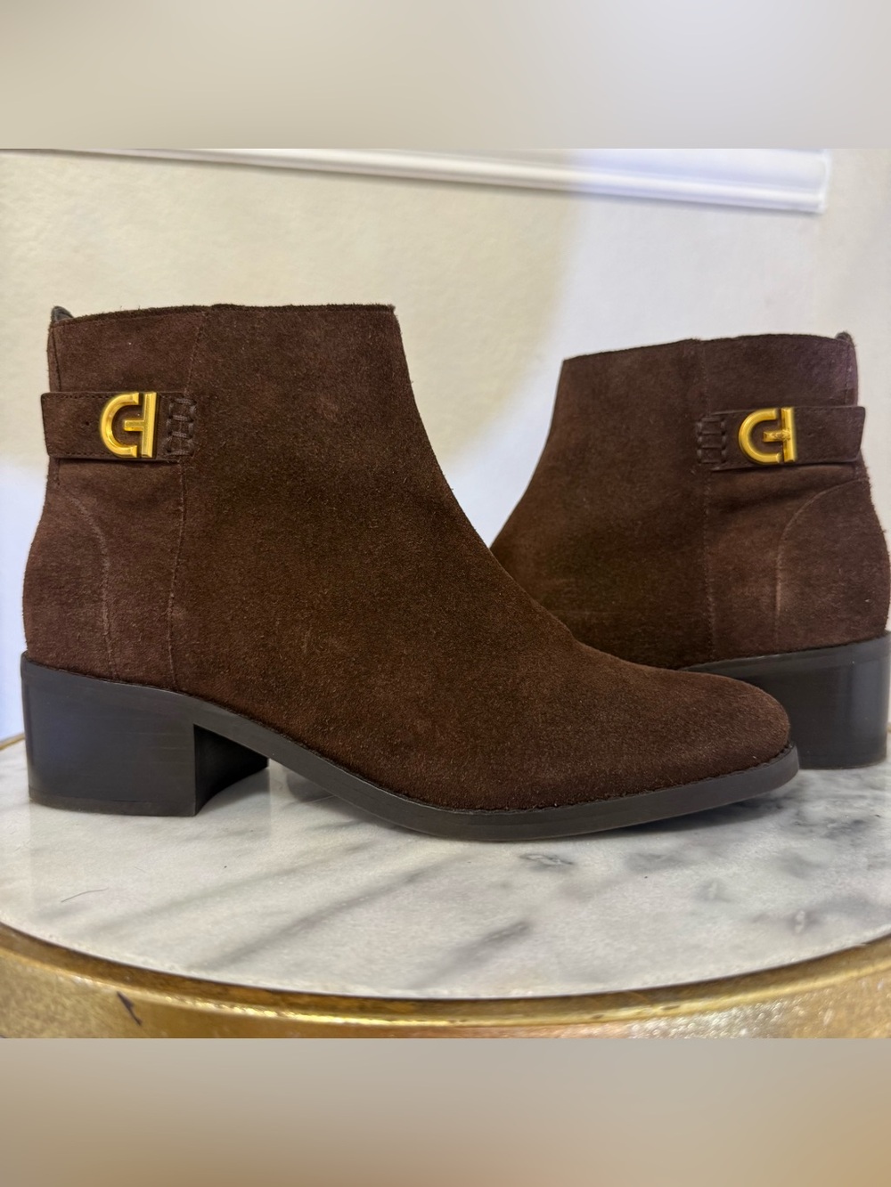 Cole Haan Dark Brown Suede Ankle Booties with Gold Detail